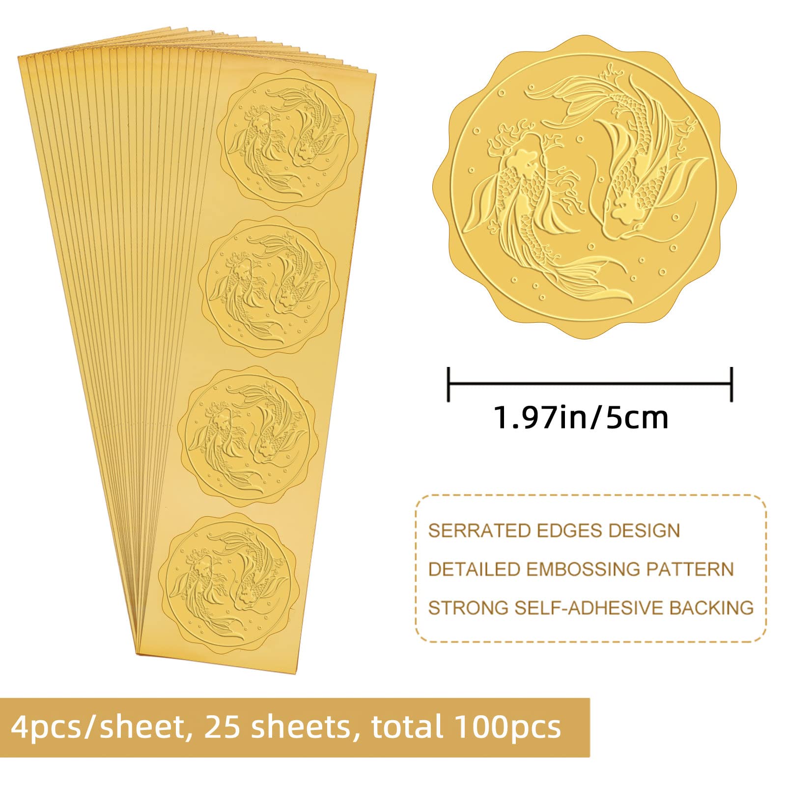 CRASPIRE 100pcs Gold Foil Stickers Embossed Certificate Seals Self-Adhesive Stickers Medal Decoration Stickers Certification Graduation Corporate Notary Seals Envelope (Koi)