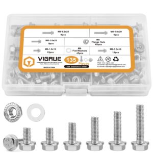 m6-1.0 x 12/16/20/25/30mm flanged hex head bolts, vigure 135pcs m6 flange hexagon screws serrated flange nuts washers, stainless steel 18-8 (304), din 6921