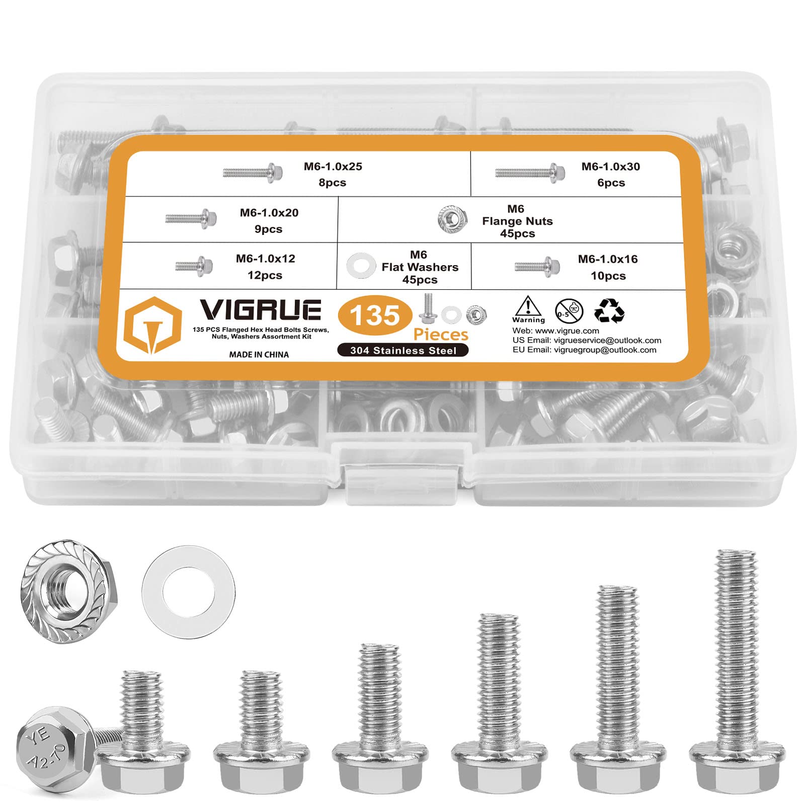 M6-1.0 x 12/16/20/25/30mm Flanged Hex Head Bolts, VIGURE 135PCS M6 Flange Hexagon Screws Serrated Flange Nuts Washers, Stainless Steel 18-8 (304), DIN 6921