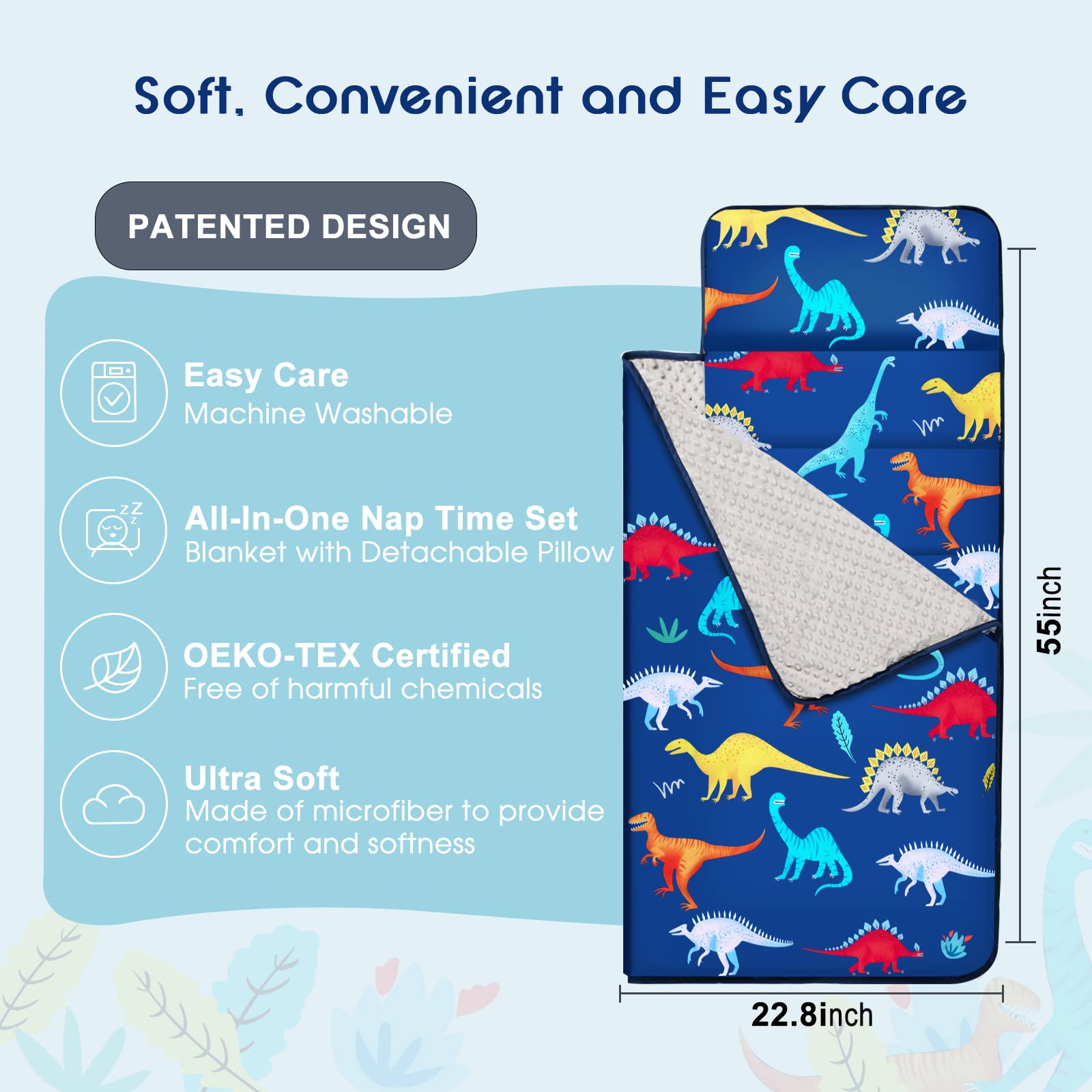 smttw Nap Mat with Removable Pillow & Fleece Blanket, Extra Long Toddler Nap Mats for Daycare-Measures 55 x 23 x 2 Inches, Kids Sleeping Mat Toddler Sleeping Bag,Dinosaur