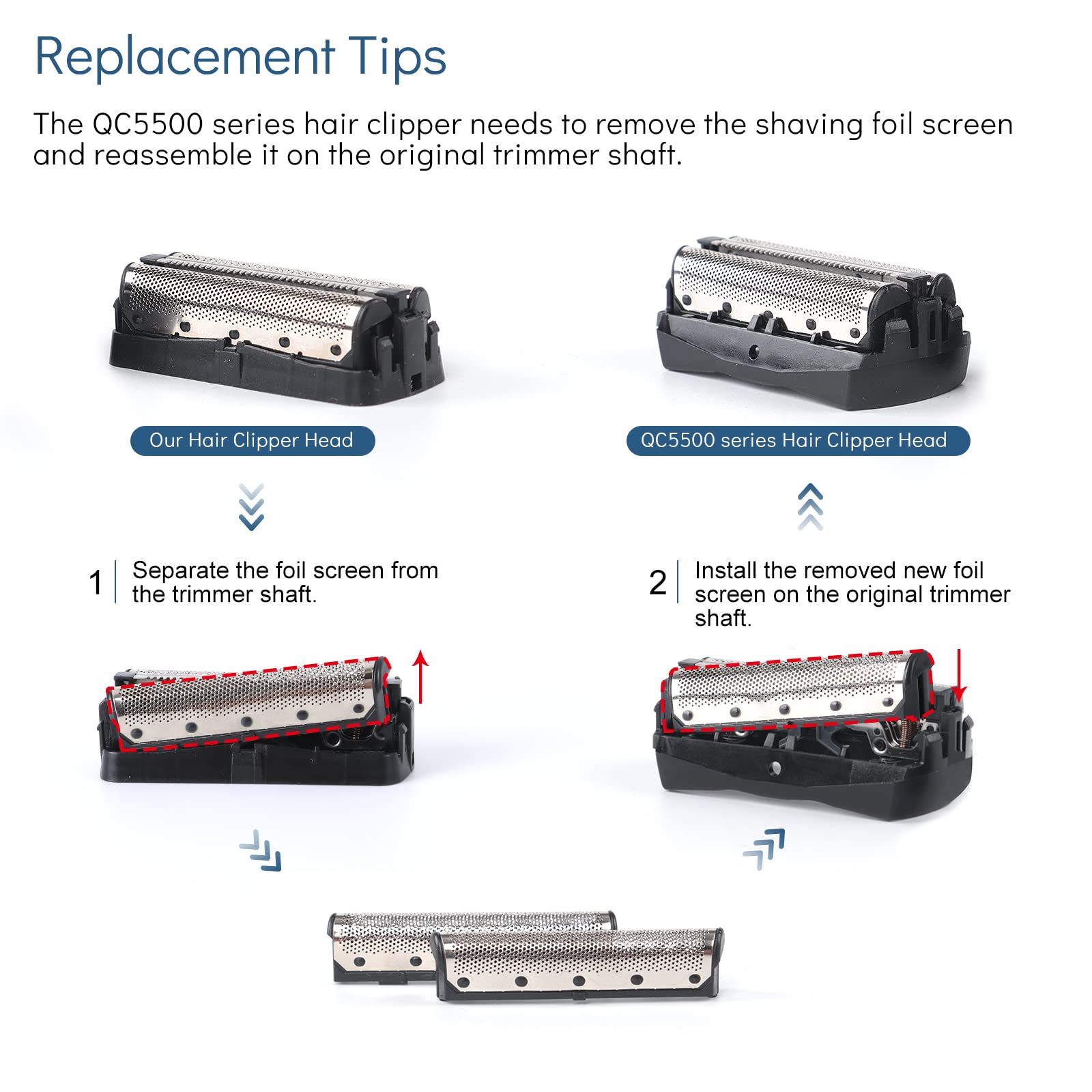 Foil Screen and Shaver Head Cutter Blades Replacement Compatible with Philips QC5550 QC5580 QC5570 QC5510 QC5530 QC5560 Hair Cilppers Comb Parts, Trimmer Shaving head Replacement for QS6140 QS6160