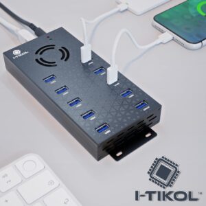 USB 3 0 Hub - 10 Ports Powered USB Hub - Charging & High-Speed Data Transfer USB Expander Hub - up to 5Gbps High-Speed USB Splitter - Aluminum Alloy Multiple USB Port Hub for Laptop Phone Tablet PC