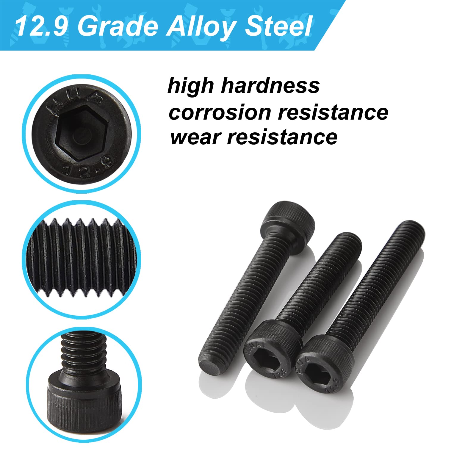 Joamang M8 x 30mm 35mm 40mm 45mm 50mm Hex Socket Head Cap Screws Bolts, 12.9 Grade Alloy Steel, Black Oxide Finish, Metric Allen Hex Drive, Fully Threaded, Assortment Kit 25Pcs