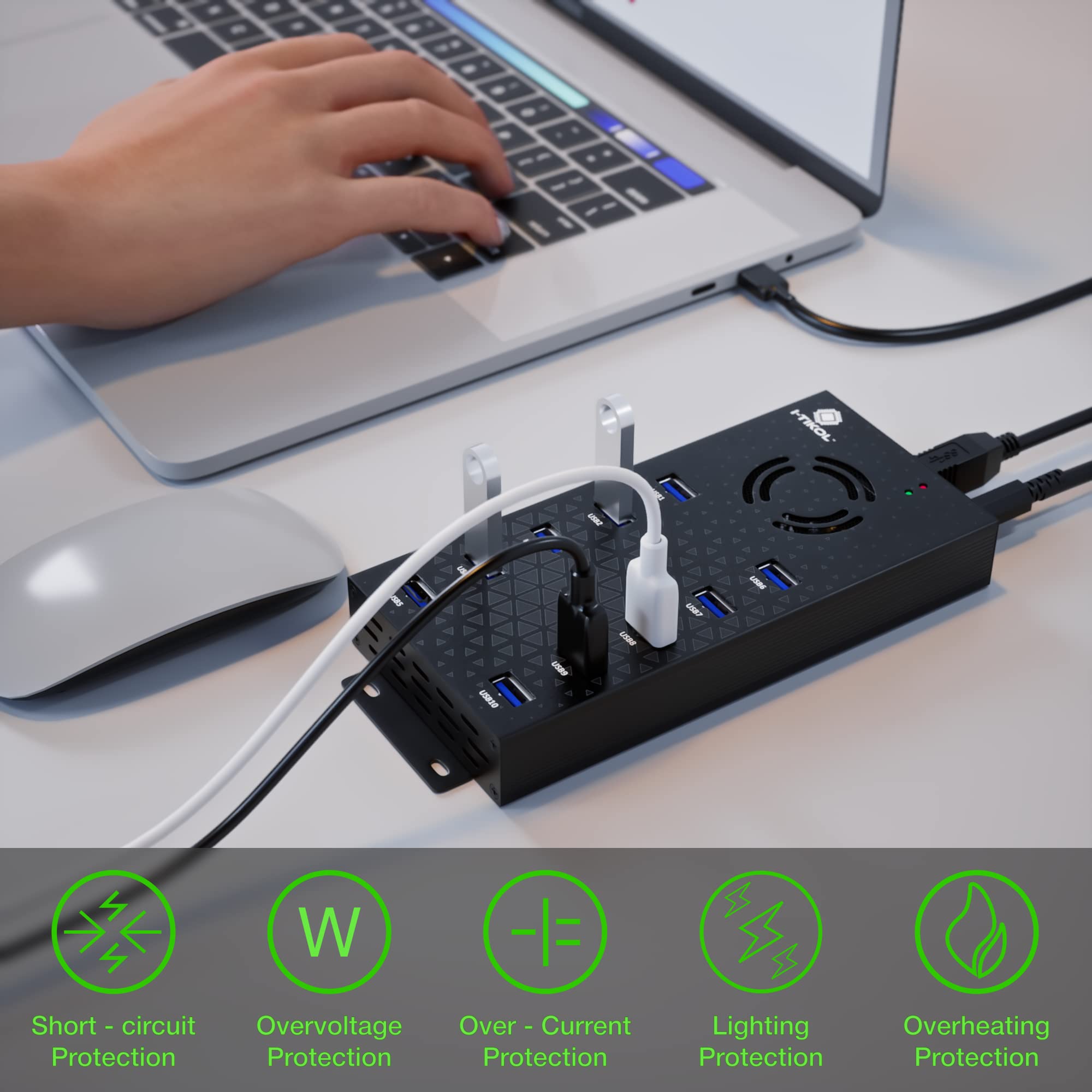 USB 3 0 Hub - 10 Ports Powered USB Hub - Charging & High-Speed Data Transfer USB Expander Hub - up to 5Gbps High-Speed USB Splitter - Aluminum Alloy Multiple USB Port Hub for Laptop Phone Tablet PC