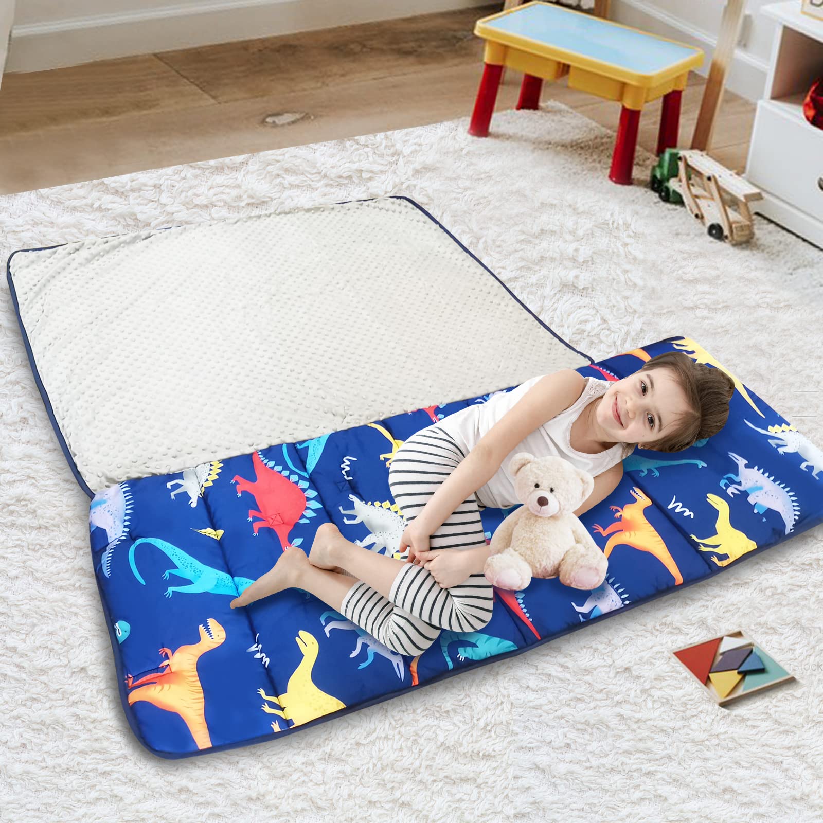 smttw Nap Mat with Removable Pillow & Fleece Blanket, Extra Long Toddler Nap Mats for Daycare-Measures 55 x 23 x 2 Inches, Kids Sleeping Mat Toddler Sleeping Bag,Dinosaur