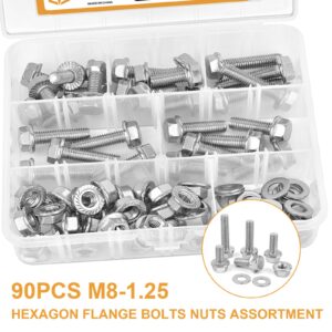 M8-1.25 x 16/20/25/30/35mm Flanged Hex Head Bolts, VIGURE 90PCS M8 Flange Hexagon Screws Serrated Flange Nuts Washers, Stainless Steel 18-8 (304), DIN 6921