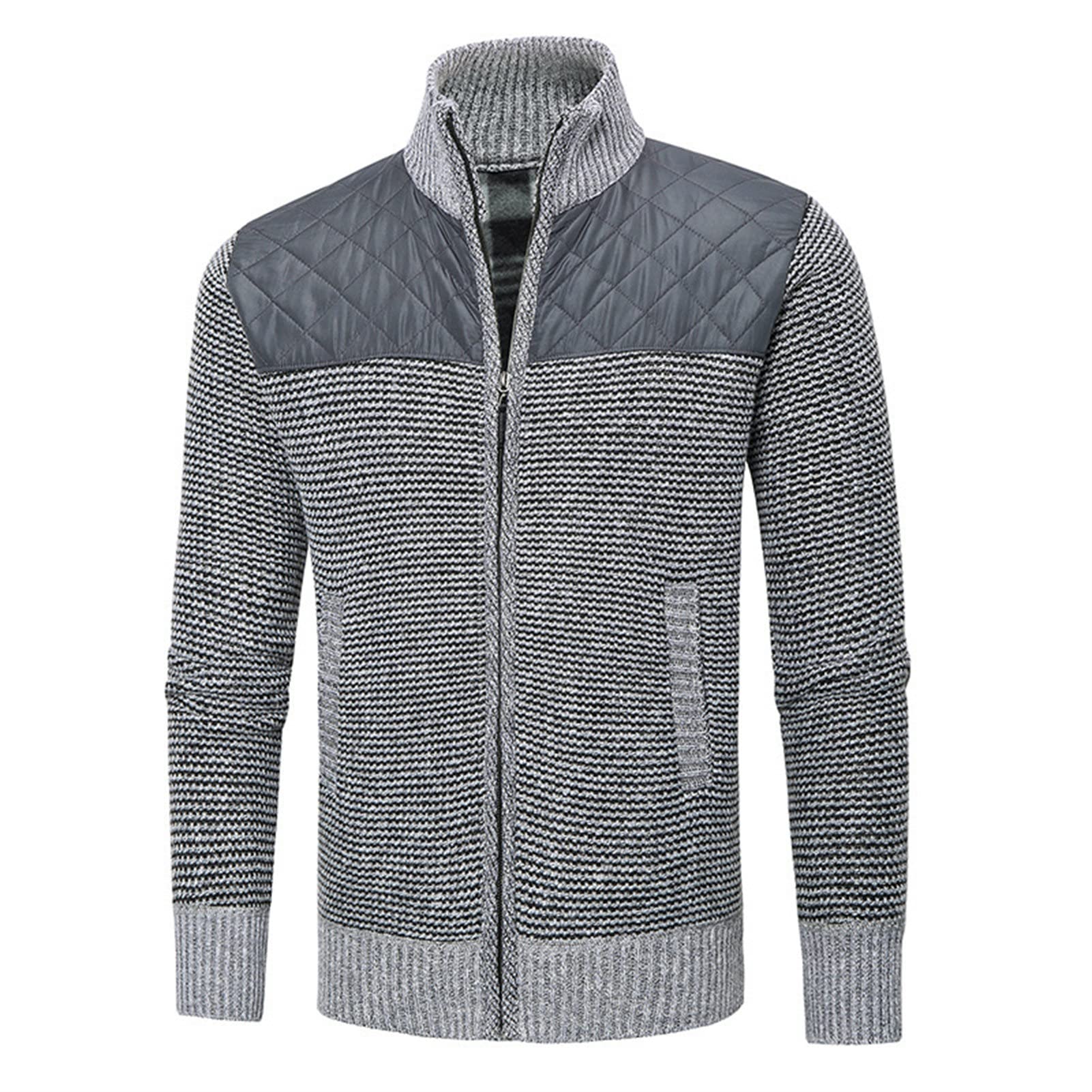 Men Full Zip Casual Knitted Cardigan Slim Color Block Fleece Lined Sweaters Stand Collar Winter Warm Thick Sweater (Grey,3X-Large)