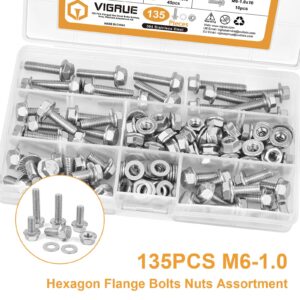 M6-1.0 x 12/16/20/25/30mm Flanged Hex Head Bolts, VIGURE 135PCS M6 Flange Hexagon Screws Serrated Flange Nuts Washers, Stainless Steel 18-8 (304), DIN 6921