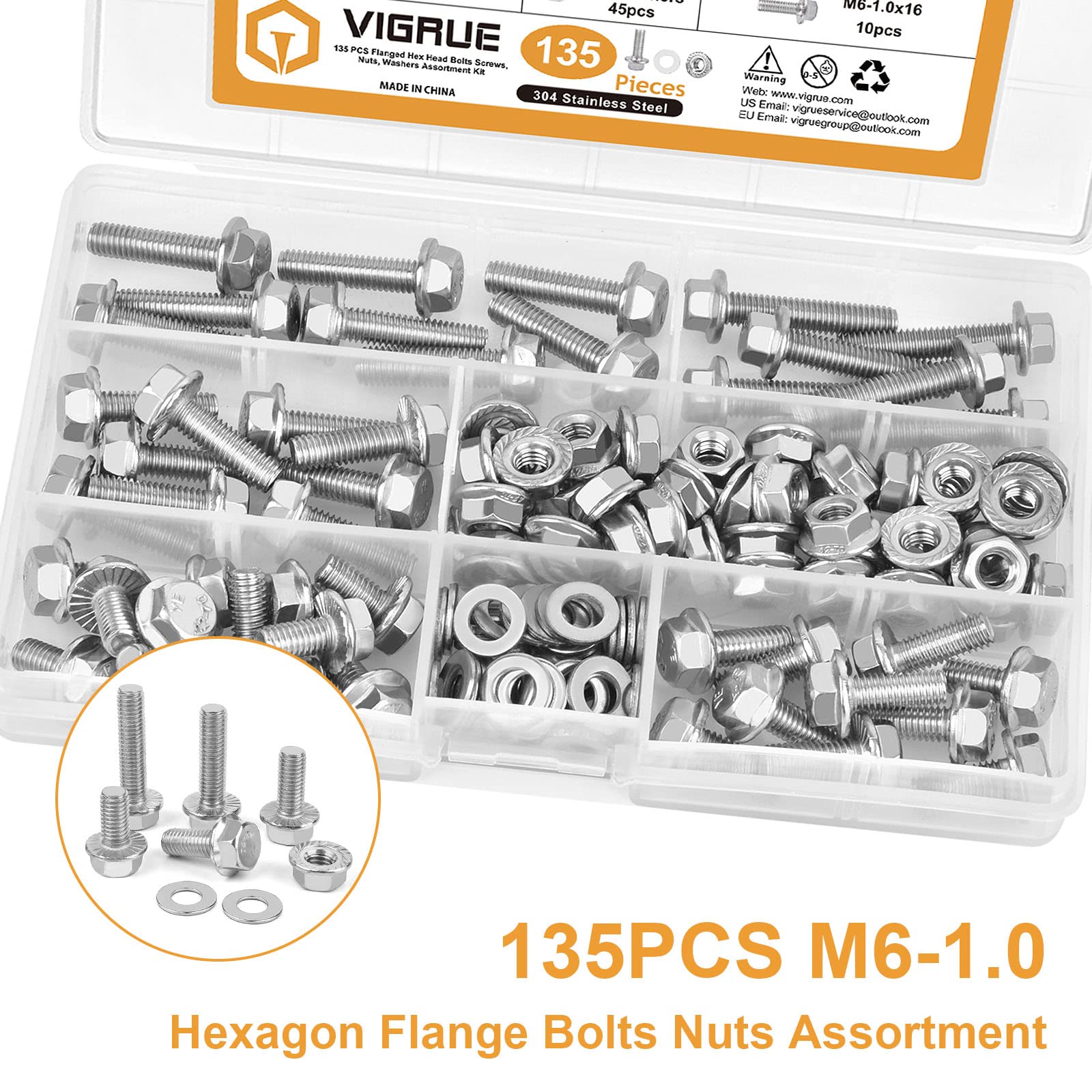 M6-1.0 x 12/16/20/25/30mm Flanged Hex Head Bolts, VIGURE 135PCS M6 Flange Hexagon Screws Serrated Flange Nuts Washers, Stainless Steel 18-8 (304), DIN 6921