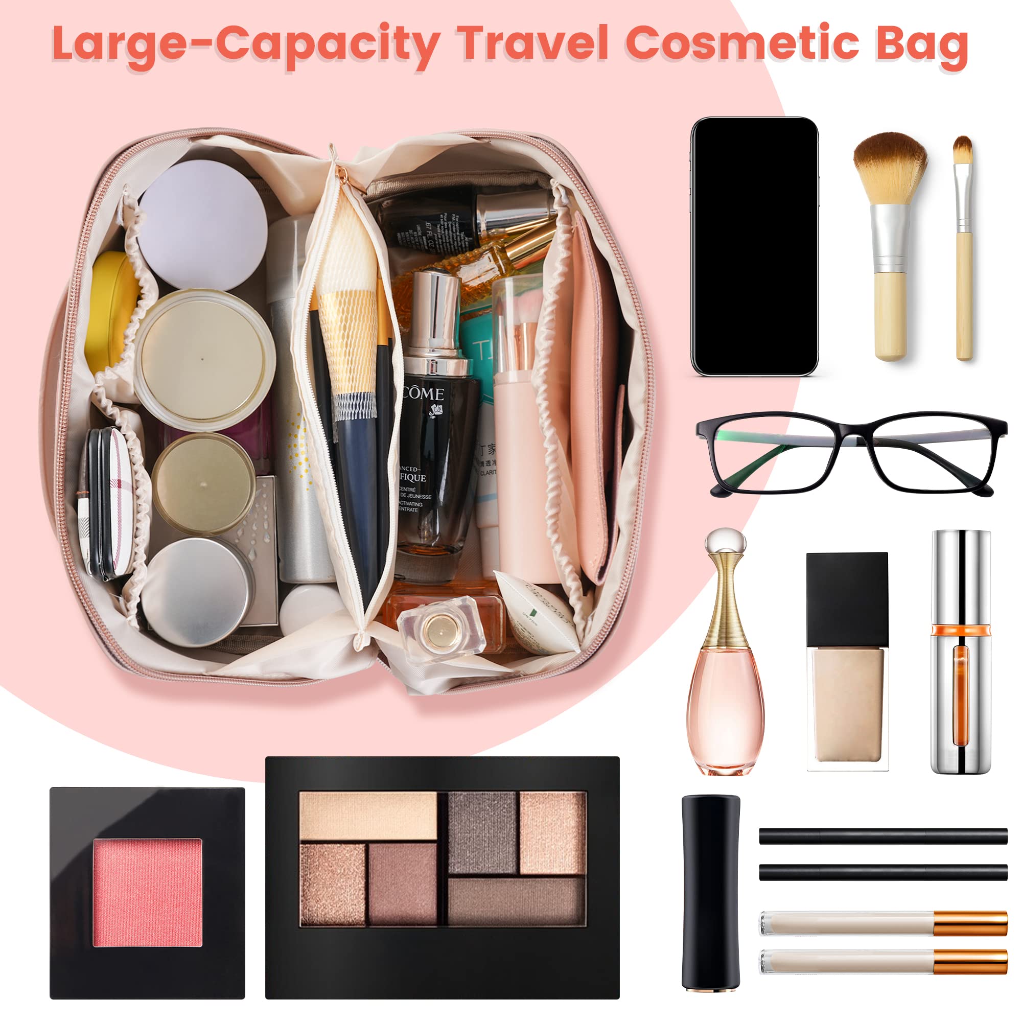 Baonmy Upgrade Large Capacity Travel Cosmetic Bag,Makeup Bag,Opens Flat Waterproof PU Leather Large Makeup Bag,Portable Makeup Organizer Bag with Dividers and Handle