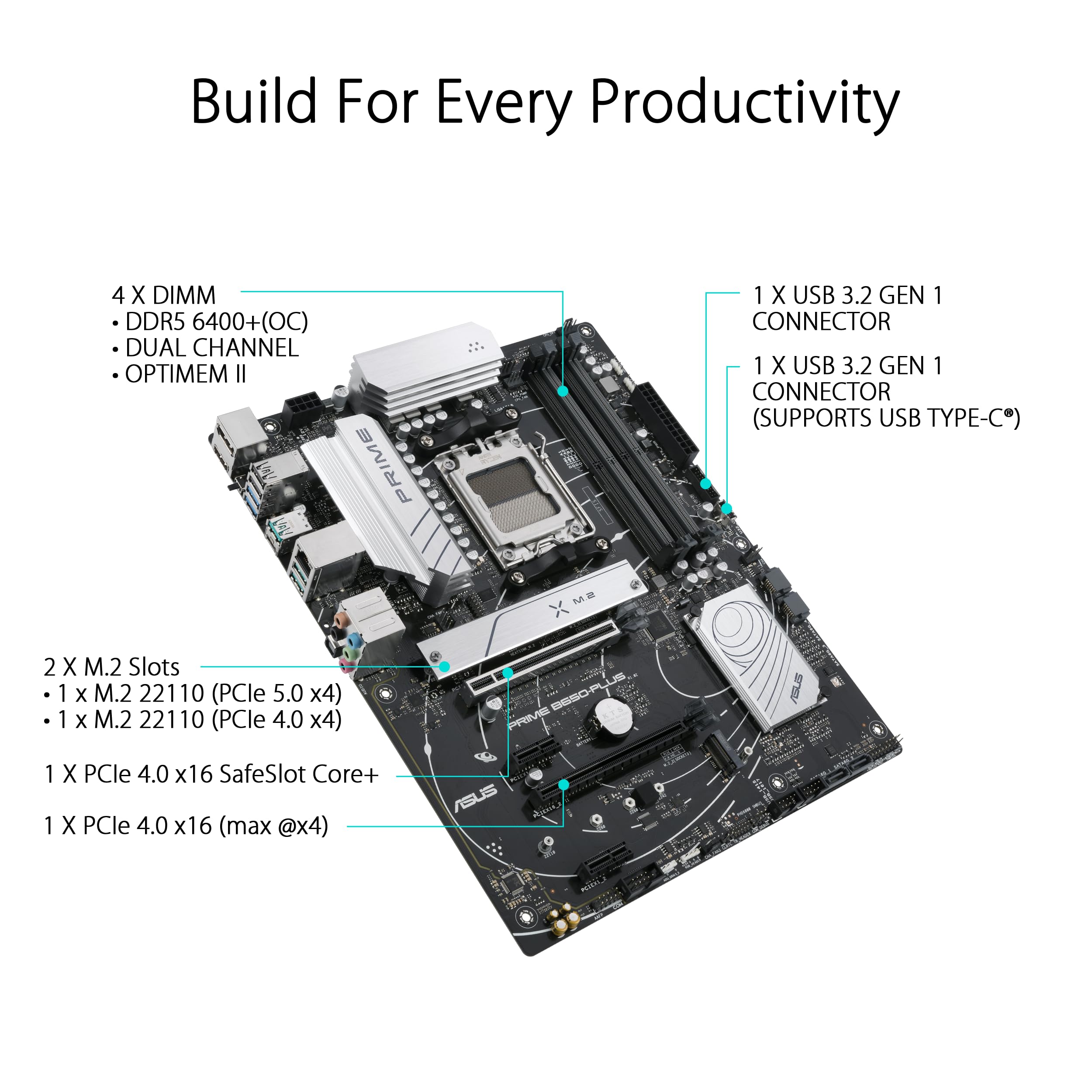 ASUS Prime B650-PLUS AMD B650 AM5 Ryzen™ Desktop 9000 8000 and 7000 ATX Motherboard, DDR5, PCIe 5.0 M.2, 2.5Gb LAN, DP, HDMI®, SATA 6Gbps, USB 3.2 Gen 2 & 1 Type-C®, BIOS Flashback™, USB4® Support