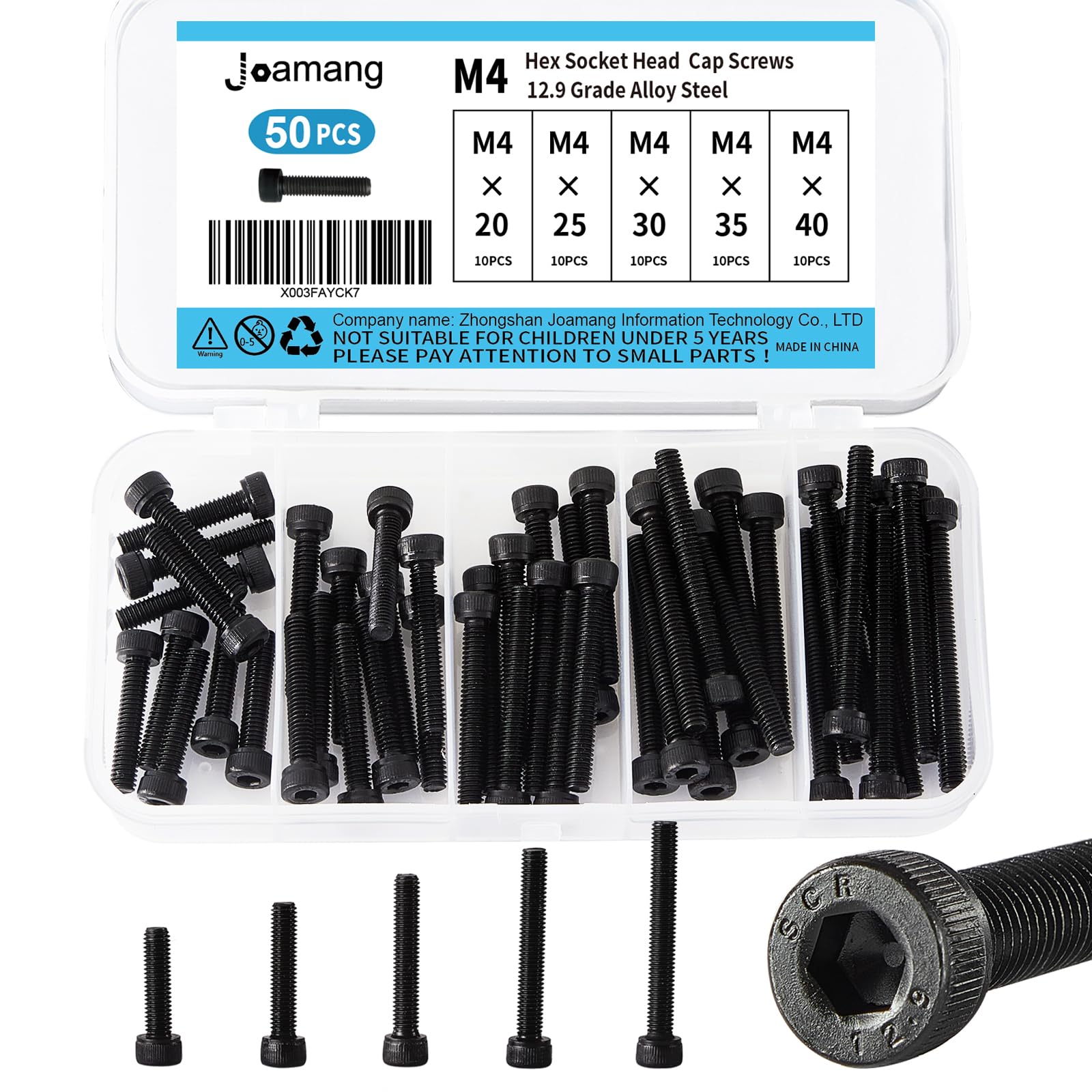 Joamang M4 x 20mm 25mm 30mm 35mm 40mm Hex Socket Head Cap Screws Bolts, 12.9 Grade Alloy Steel, Black Oxide Finish, Metric Allen Hex Drive, Fully Threaded, Assortment Kit 50Pcs