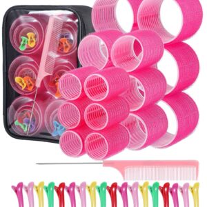 MaxNedrin Hair Roller sets,Self Grip Hair Curlers,3 Inch Salon Hair Dressing Curlers,3 Size (JUMBO LARGE MEDUIEM)18 Packs(Rose Red)