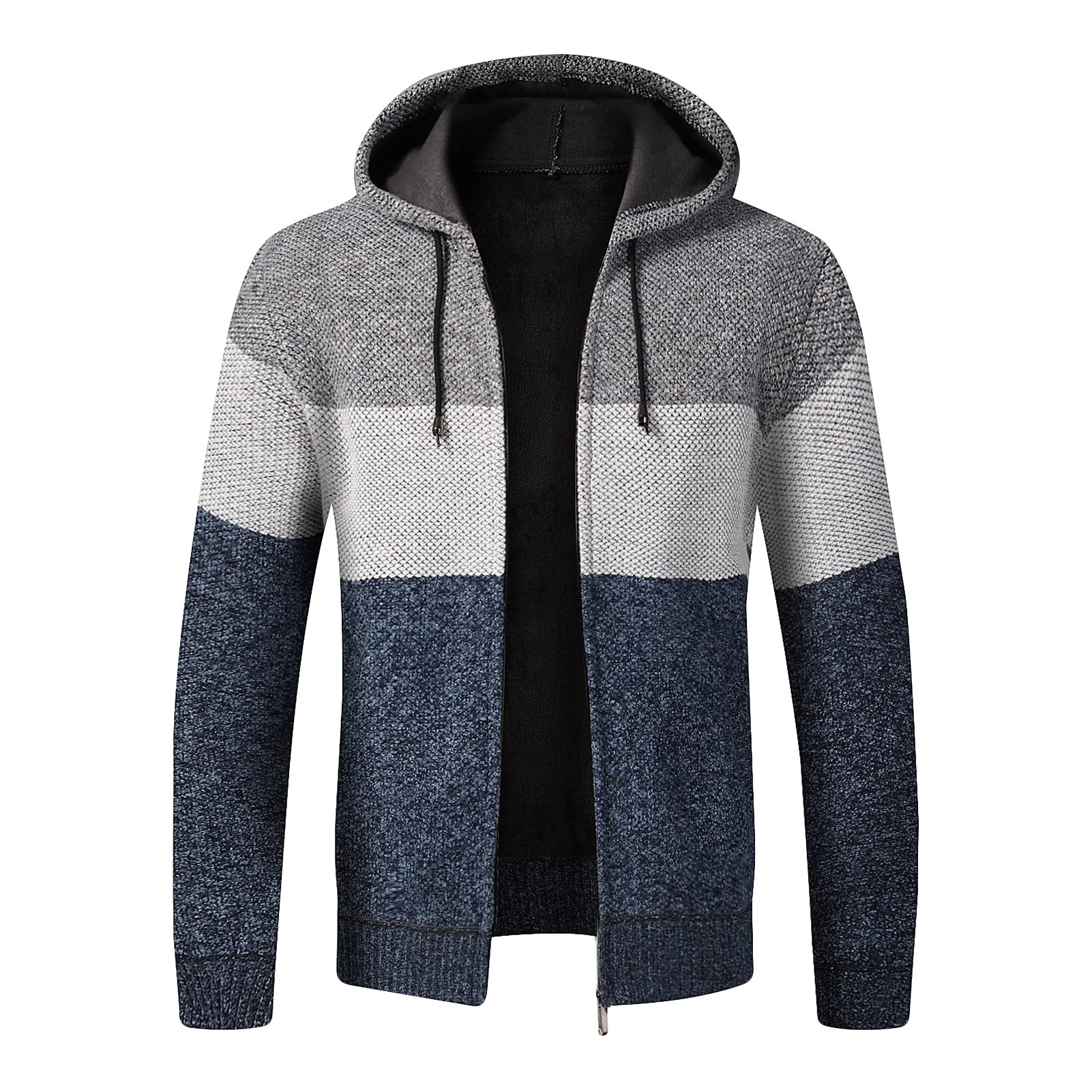 Maiyifu-GJ Men Long Sleeve Full Zip Knitted Hoodie Lightweight Patchwork Hooded Sweater Slim Fit Color Block Hoodies Cardigan (Blue,Medium)