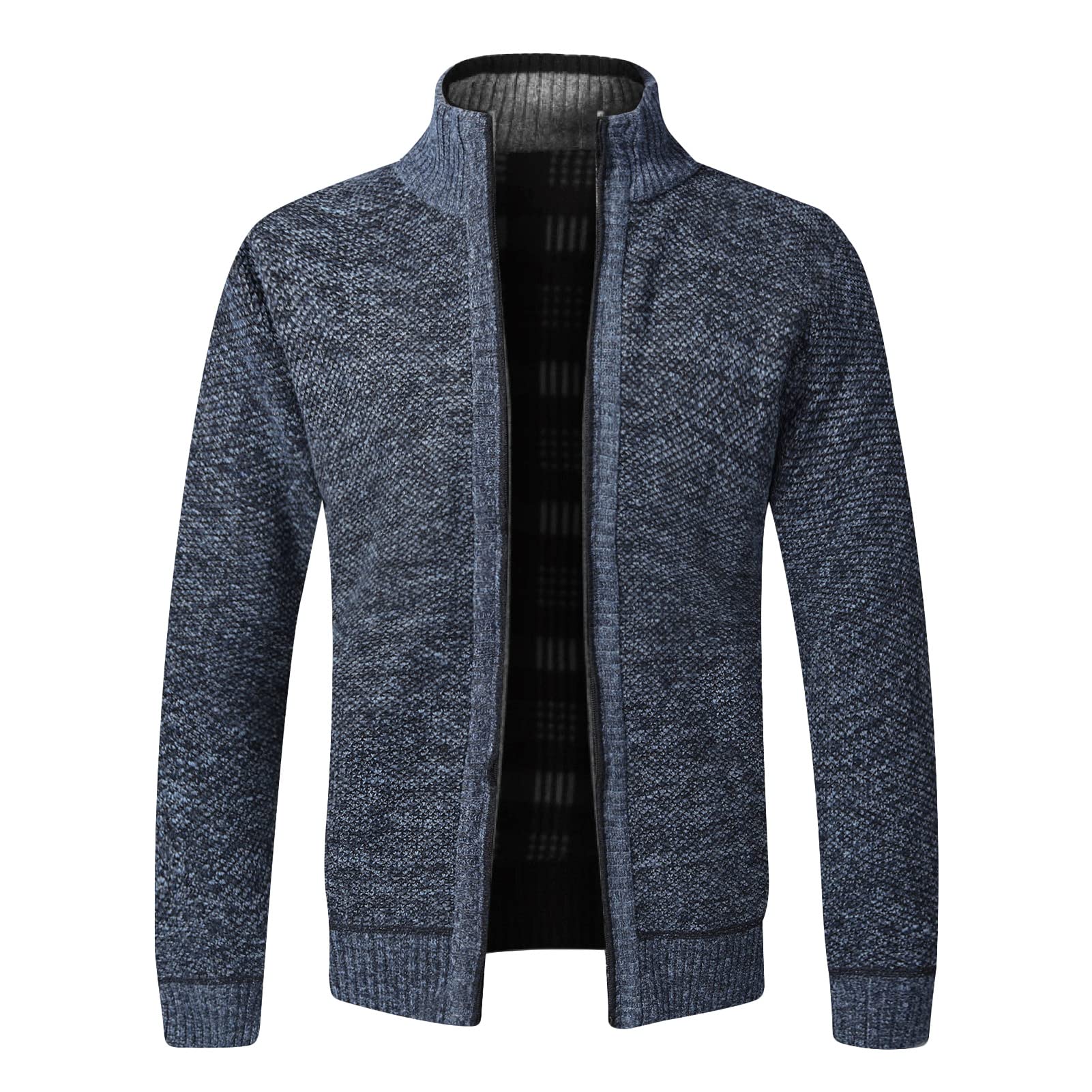 Men Classic Full Zip Knitted Cardigan Casual Stand Collar Fleece Lined Sweaters Slim Fit Winter Warm Thick Sweater (Blue,X-Large)