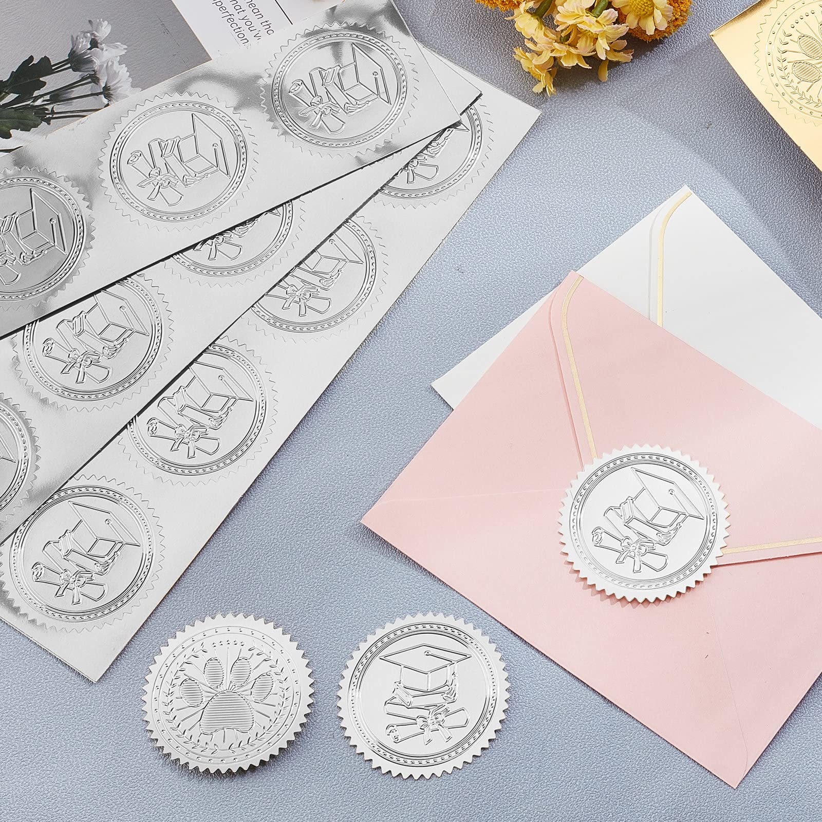 CRASPIRE Vine Leaf Certificate Seal Silver Envelope Embossed Stickers 100pcs Self-Adhesive Foil Medal Award Label Medal Achievement Sticker for Wedding Invitation Graduation Office Notary Gift