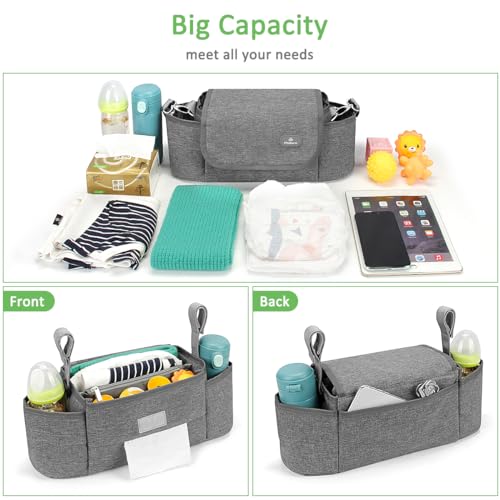 PHILORN Stroller Organizer Bag, Universal Stroller Organizer with Insulated Cup Holder, Grey Stroller Caddy Organizer with Detachable Shoulder Strap & Large Space