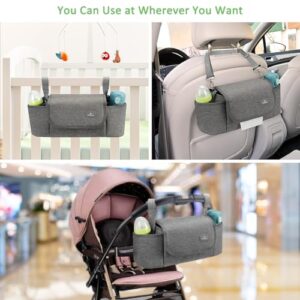 PHILORN Stroller Organizer Bag, Universal Stroller Organizer with Insulated Cup Holder, Grey Stroller Caddy Organizer with Detachable Shoulder Strap & Large Space