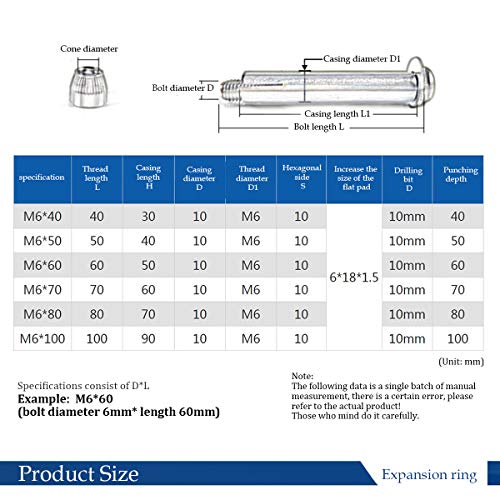 Expansion Screw,Stainless steel expansion bolts, screws, screws, 12 Pieces Expansion Screw Bolts M6 x 40/50/60/70/80/100 mm - 304 Stainless Steel Pan Head Cross Expansion Screw Sleeve Anchor Bolt Heav