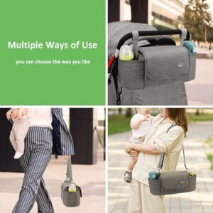 PHILORN Stroller Organizer Bag, Universal Stroller Organizer with Insulated Cup Holder, Grey Stroller Caddy Organizer with Detachable Shoulder Strap & Large Space