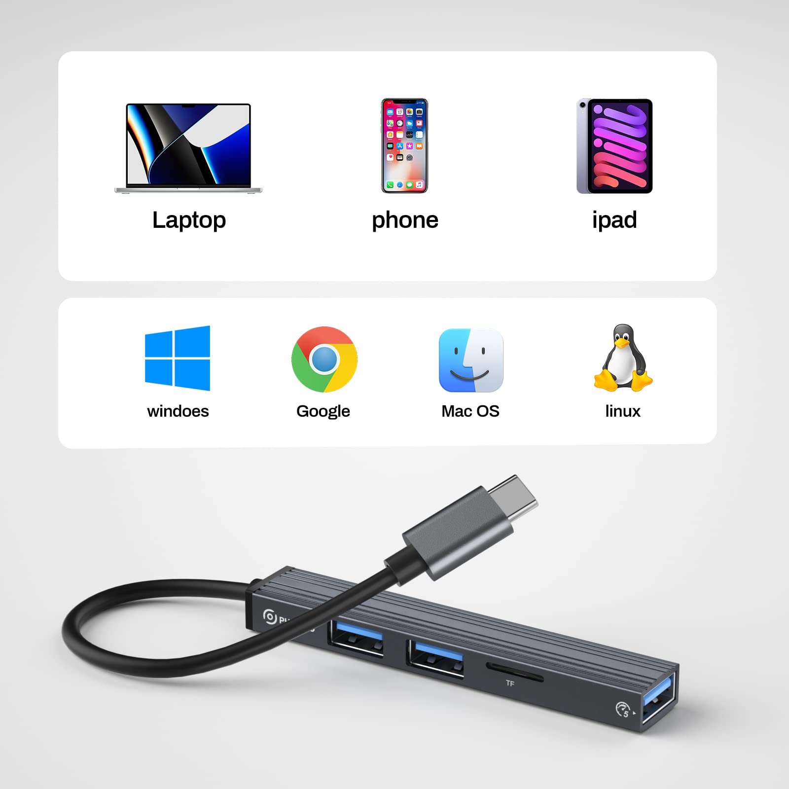 4-Port USB Hub, Multi-Port Adapter with High-Speed USB 3.0 Port, USB 2.0 Port and TF Card Reader, Ultra Slim Portable USB Hub for Laptop, PC, iMac Pro, MacBook Air, USB Splitter