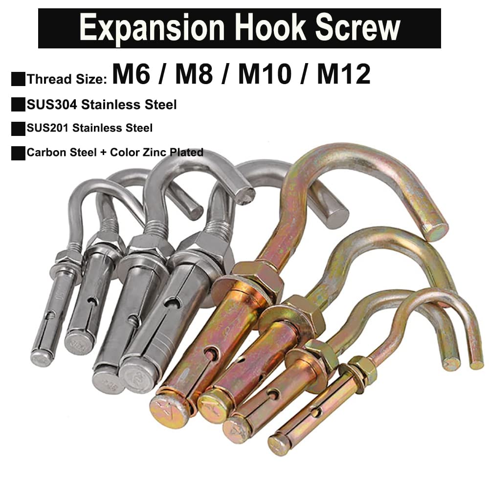 Expansion Screw, Stainless steel expansion bolts, screws, screws,Expansion Bolts M6 M8 M10 M12 Wall Mounted Expansion Hook Screw Lifting Eye Bolt Open Anchor Hook (Color : SUS201, Thread Diameter : M1