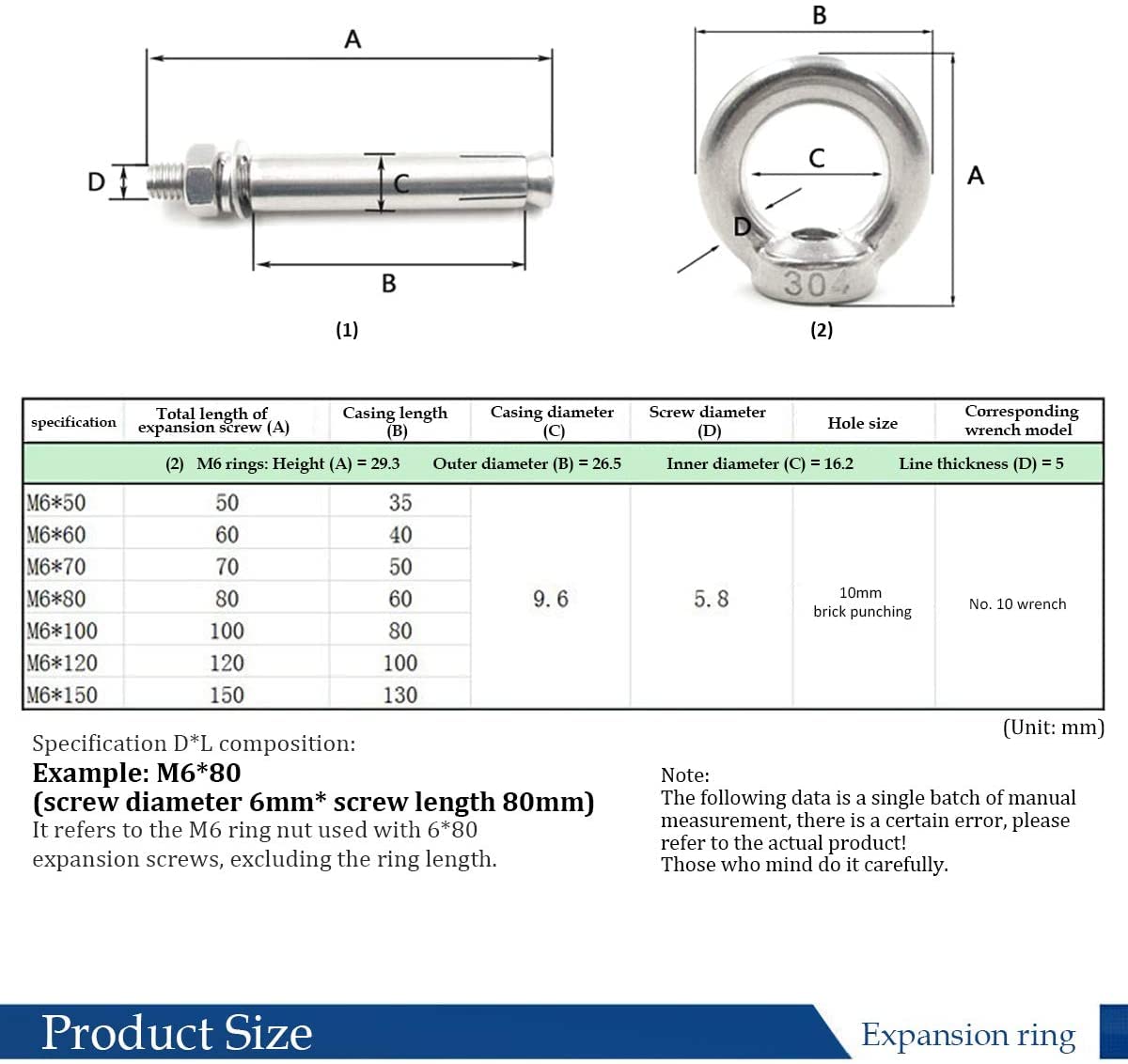 Expansion Screw, Stainless Steel Expansion Bolts, Screws, Screws, M6 Expansion Bolt - Expansion Screw Eye Bolt Anchor Bolts Concrete Screws Stainless Steel, Silver, M6x120-2pcs (Color : Silver)