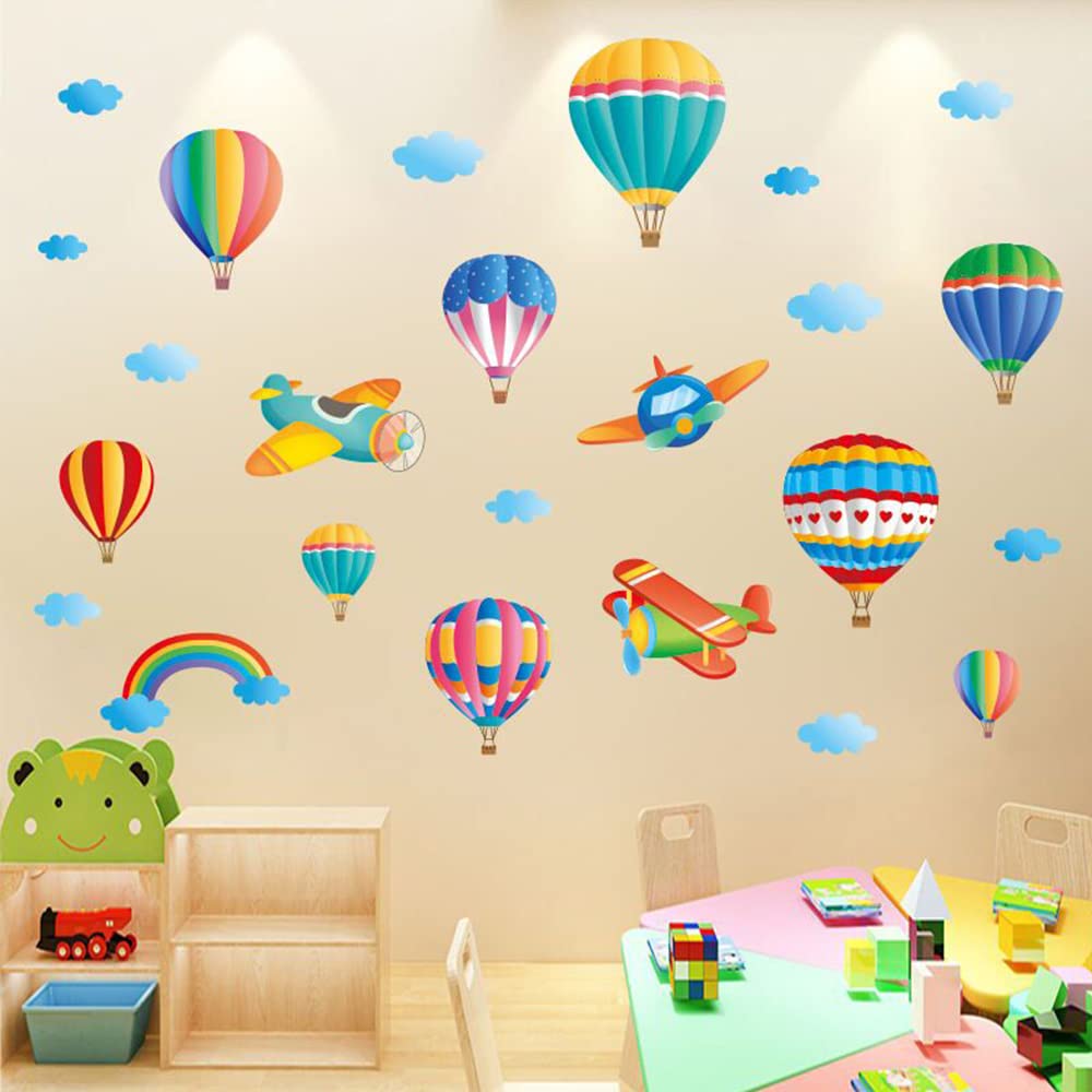 Colorful Rainbow Kids Room Wall Decals Cute Airplane Balloon Animal Wall Stickers Nursery Classroom Wall Decal Children Nursery Playroom Baby Room Decor Fantastic Wall Decal