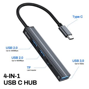 4-Port USB Hub, Multi-Port Adapter with High-Speed USB 3.0 Port, USB 2.0 Port and TF Card Reader, Ultra Slim Portable USB Hub for Laptop, PC, iMac Pro, MacBook Air, USB Splitter