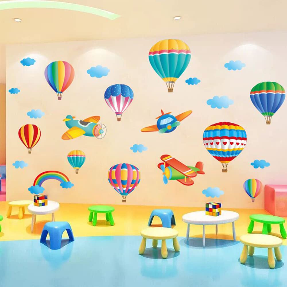 Colorful Rainbow Kids Room Wall Decals Cute Airplane Balloon Animal Wall Stickers Nursery Classroom Wall Decal Children Nursery Playroom Baby Room Decor Fantastic Wall Decal