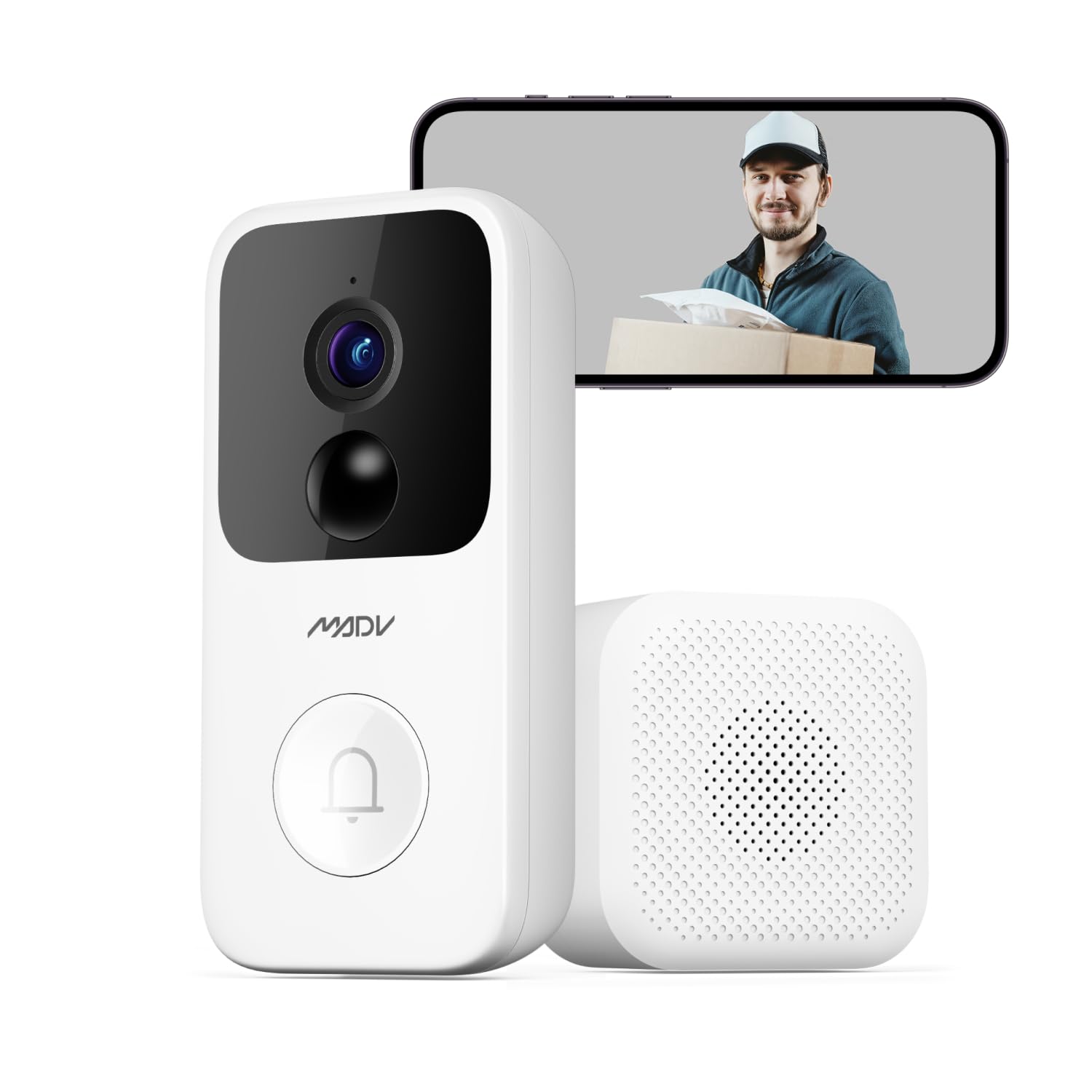 MADV Smart Video Doorbell, 2K Resolution, Night Vision, Two-Way Audio, Motion Detection, Voice Changing Answering, Cloud Storage, Free Chime, Instant Installation