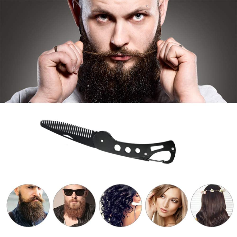 baixikly Stainless Steel Folding Beard Comb For Men, Mustache Comb Multifunctional Pocket Beard for Men Beard Mustache Stylin