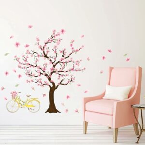 Cherry Tree Wall Sticker Cherry Blossom Tree Wall Stickers Large Tree Wall Stickers Peel and Stick Floral Tree Wall Decals Pink Flower Wall Stickers for Girls Room Bedroom Nursery