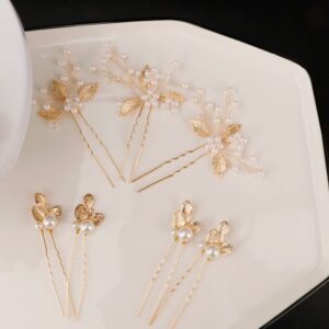 7 Pieces Wedding Hair Pins Gold Leaf Bride Headpiece Pearl Wedding Hair Styling Pins Hair Accessories Flower Hair Accessories for Brides Bridesmaids Girls