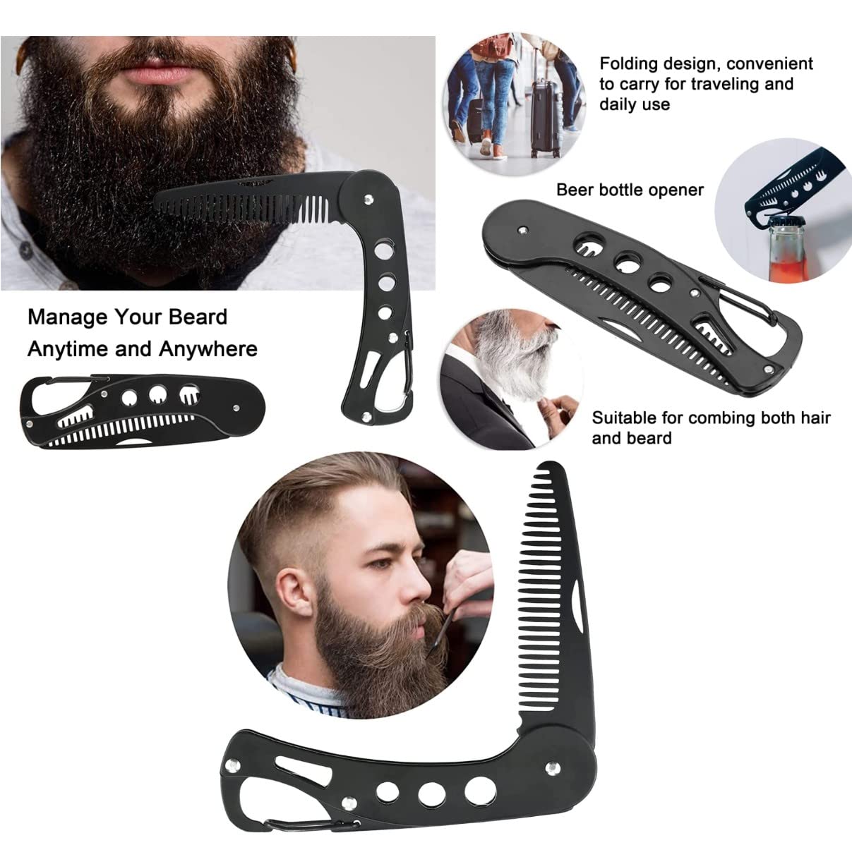 baixikly Stainless Steel Folding Beard Comb For Men, Mustache Comb Multifunctional Pocket Beard for Men Beard Mustache Stylin