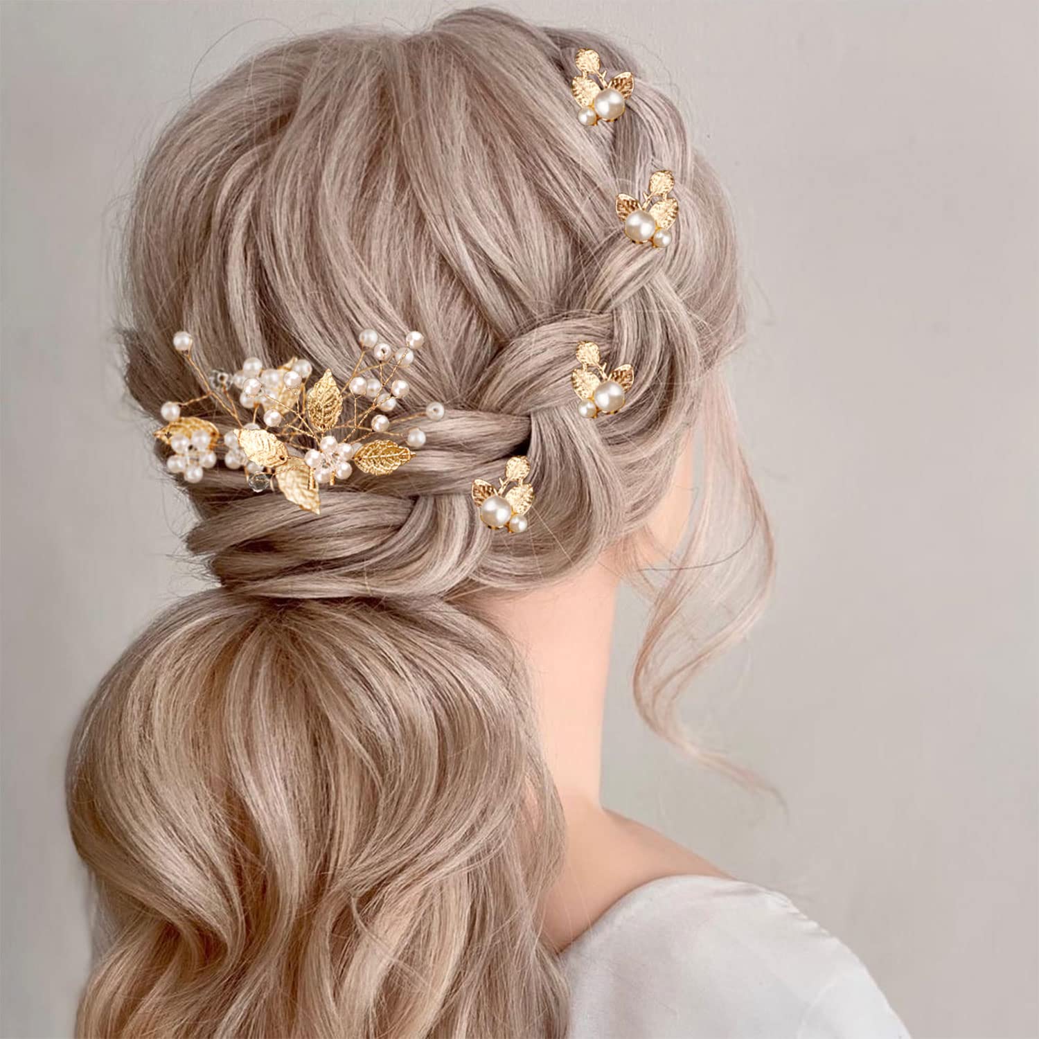 7 Pieces Wedding Hair Pins Gold Leaf Bride Headpiece Pearl Wedding Hair Styling Pins Hair Accessories Flower Hair Accessories for Brides Bridesmaids Girls