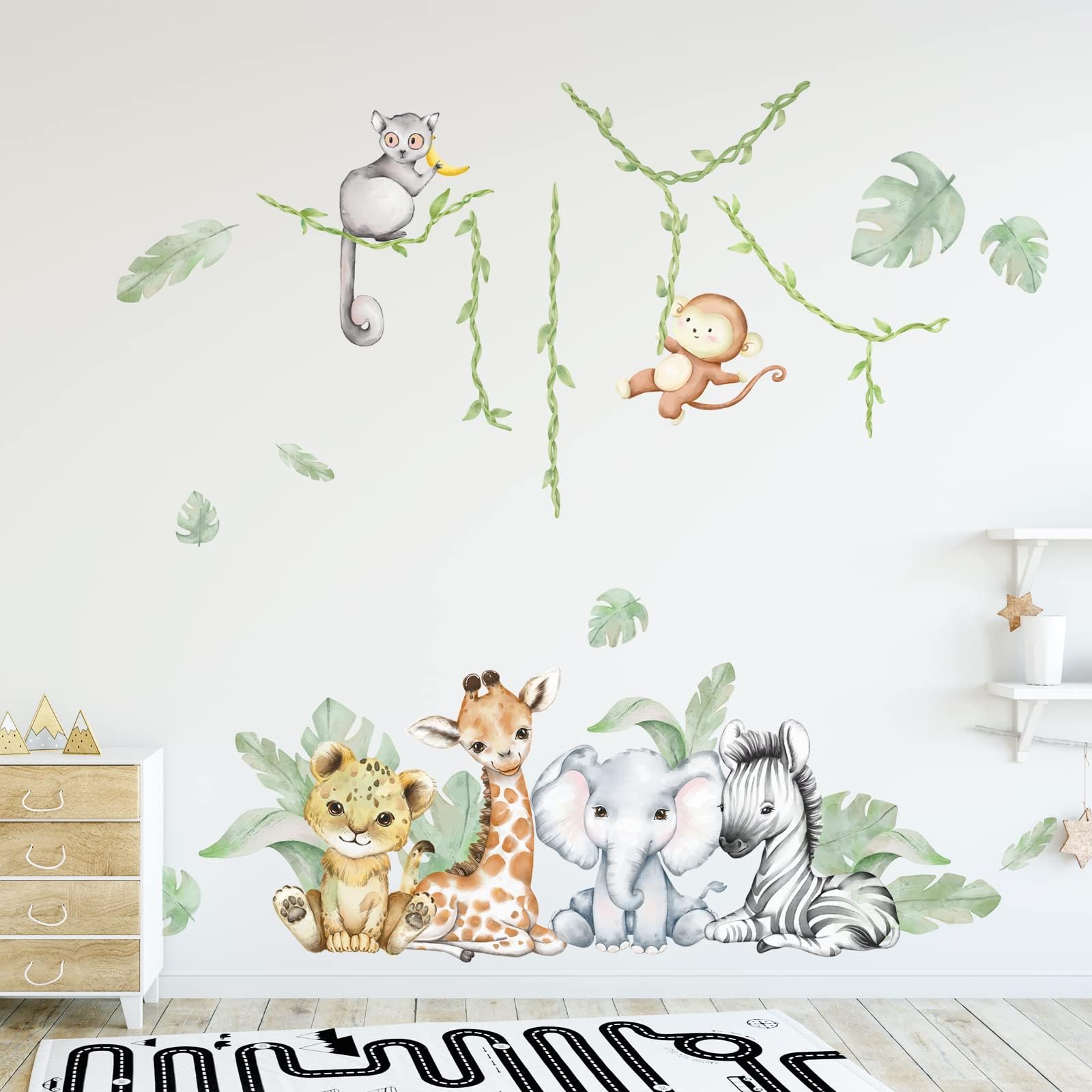 59.05x53.14 Inch Woodland Animals Wall Decals Wall Tree Decals Forest Animal Wall Decal Elephant Zebra Monkey Giraffe Nursery Decor for Home Baby Room Decorations Boys Girls Bedroom Art