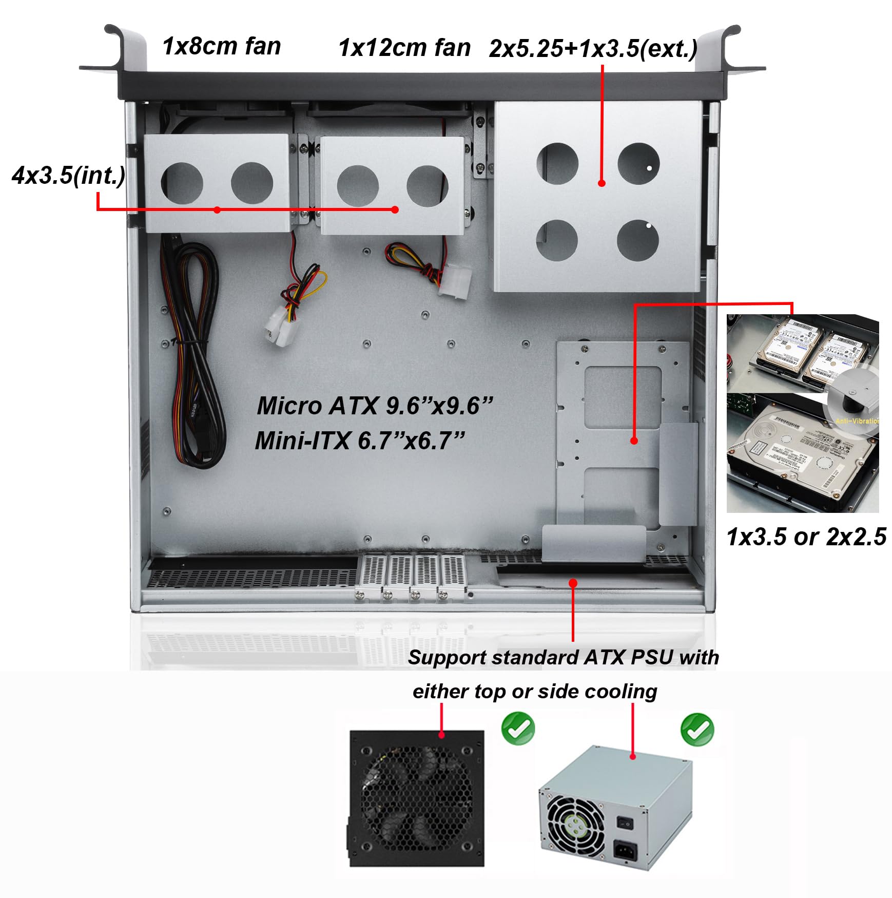 RackChoice 3u Short Depth rackmount Server Chassis Micro ATX/Mini-itx 2x5.25+5x3.5 Bays Support Standard ATX PSU with Either top or Side Cooling