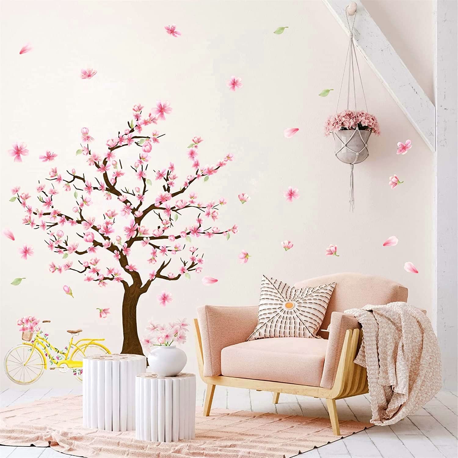 Cherry Tree Wall Sticker Cherry Blossom Tree Wall Stickers Large Tree Wall Stickers Peel and Stick Floral Tree Wall Decals Pink Flower Wall Stickers for Girls Room Bedroom Nursery