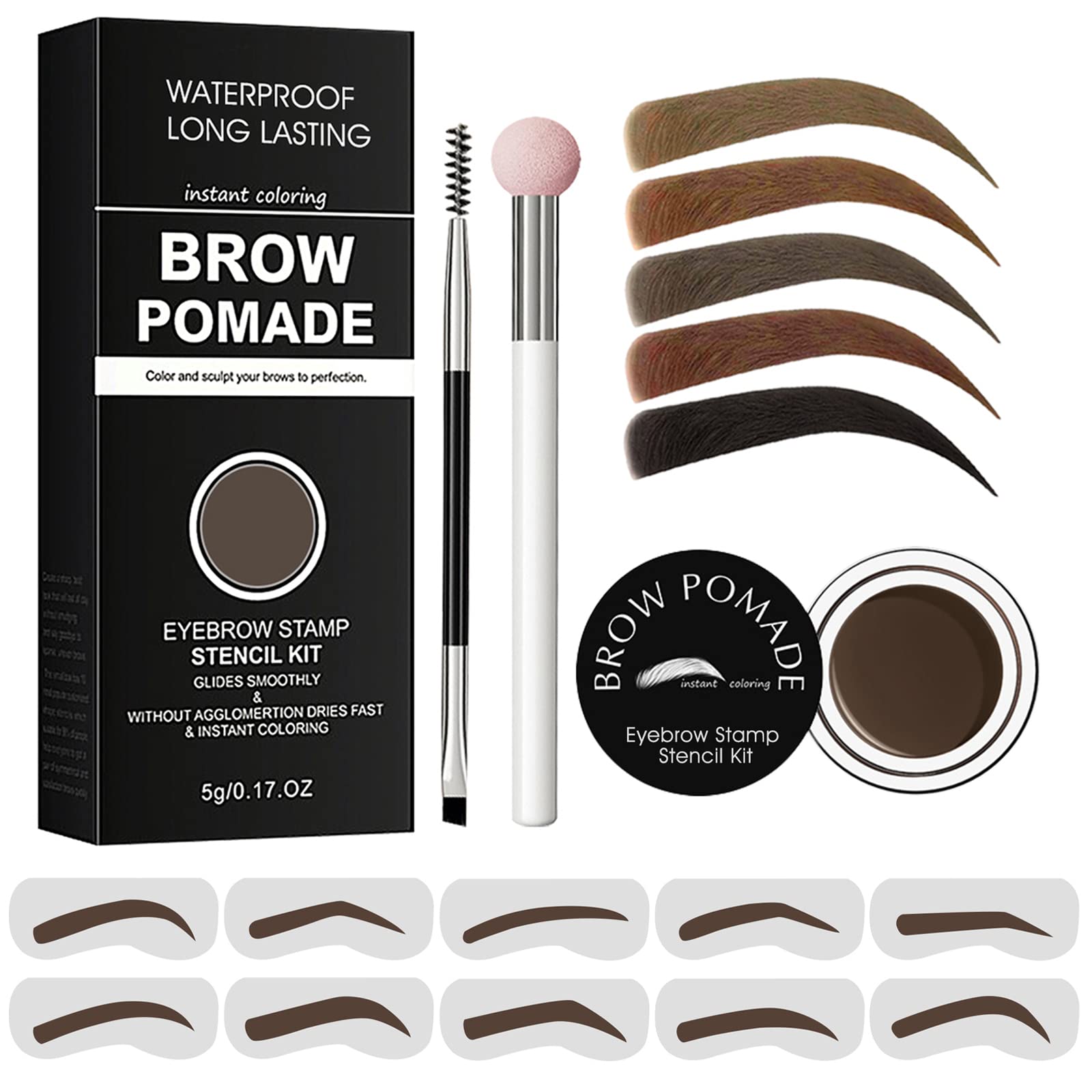 Eyebrow Stamp Stencil Kit - for Waterproof Eyebrows Makeup, Eyebrow Stamp Kit with Sponge Applicator, 10 Eyebrow Stencils, Dual-ended Brow Brush, Waterproof Eyebrow Pomade (Medium Brown)