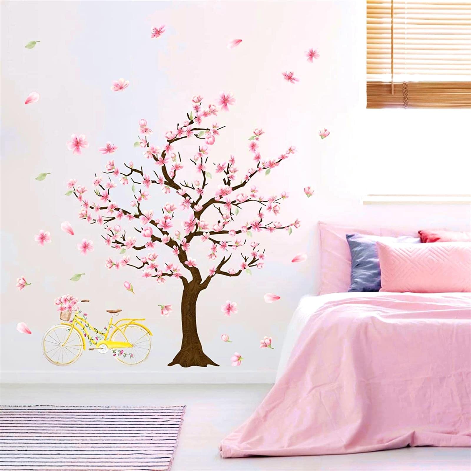 Cherry Tree Wall Sticker Cherry Blossom Tree Wall Stickers Large Tree Wall Stickers Peel and Stick Floral Tree Wall Decals Pink Flower Wall Stickers for Girls Room Bedroom Nursery