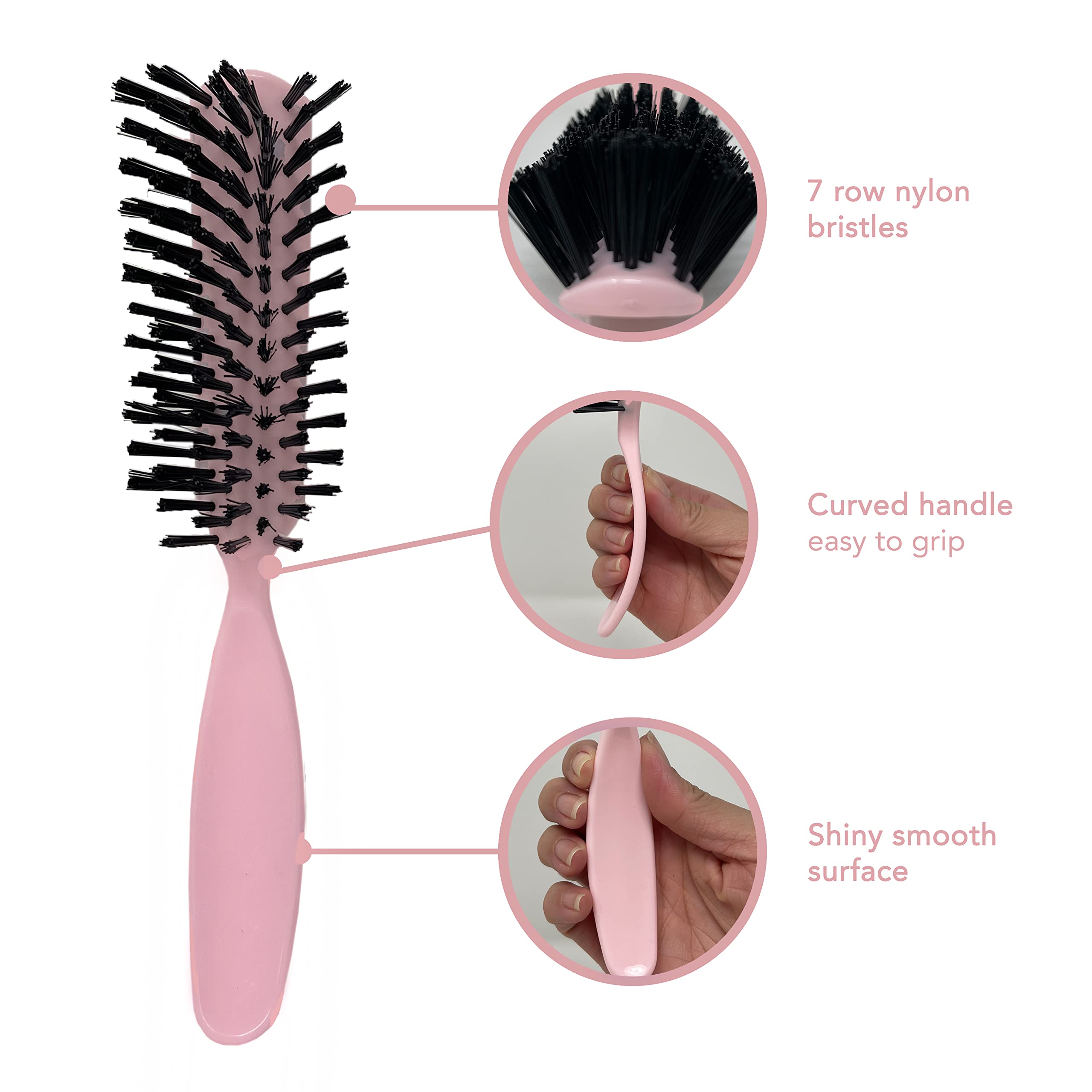 Styling Gear Detangling Hair Brush Nylon Bristles 7 Row Teasing Womens Brush For Thick Hair Small Travel Hairbrush Brush For Hair 1 Pcs. (Light Pink)