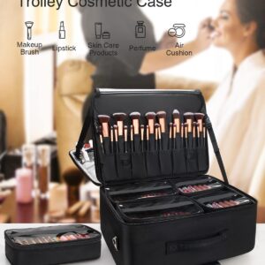 MONSTINA Rolling Makeup Train Case,Trolley Cosmetic Case,3-Layer Cosmetic Organizer,Extra Large Makeup Travel Bag for Hairstylist, Trolley Travel Hairdressing Case with Adjustable Divider(Black)