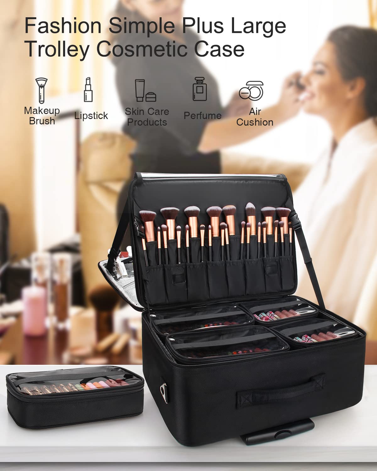 MONSTINA Rolling Makeup Train Case,Trolley Cosmetic Case,3-Layer Cosmetic Organizer,Extra Large Makeup Travel Bag for Hairstylist, Trolley Travel Hairdressing Case with Adjustable Divider(Black)