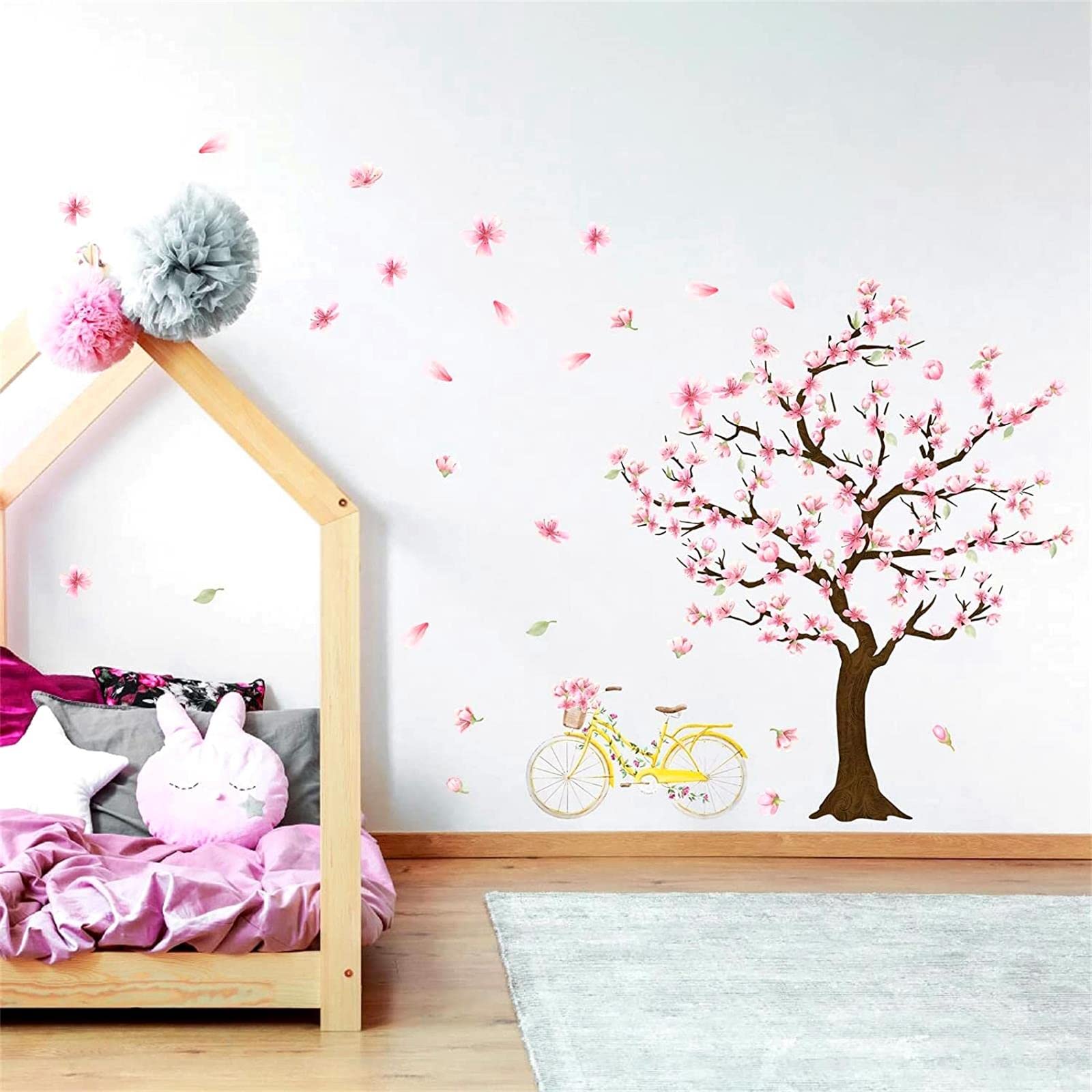 Cherry Tree Wall Sticker Cherry Blossom Tree Wall Stickers Large Tree Wall Stickers Peel and Stick Floral Tree Wall Decals Pink Flower Wall Stickers for Girls Room Bedroom Nursery