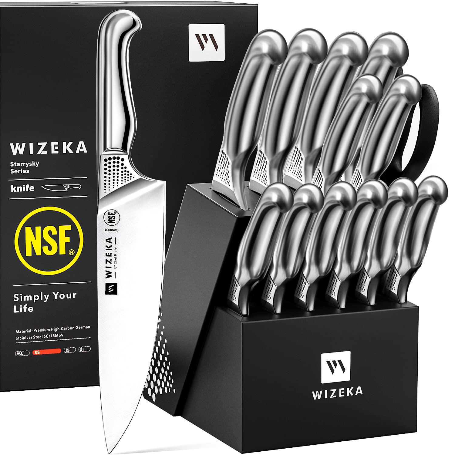 WIZEKA Knife Set, 2 Set of 15pcs NSF Certified 1.4116 German Steel Kitchen Knife Set, Premium Knife Block Set in One Piece Design, Knives Set for Kitchen with Build-in Sharpener