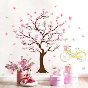 Cherry Tree Wall Sticker Cherry Blossom Tree Wall Stickers Large Tree Wall Stickers Peel and Stick Floral Tree Wall Decals Pink Flower Wall Stickers for Girls Room Bedroom Nursery