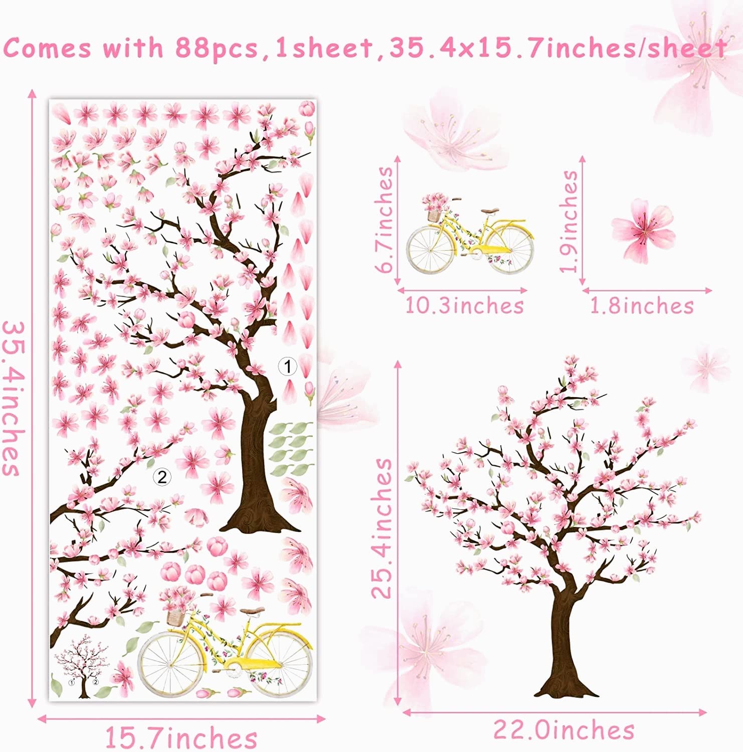 Cherry Tree Wall Sticker Cherry Blossom Tree Wall Stickers Large Tree Wall Stickers Peel and Stick Floral Tree Wall Decals Pink Flower Wall Stickers for Girls Room Bedroom Nursery