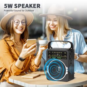 JEUJUG Portable AM FM Radio, Bluetooth 5.0 Radio 5 Watts Loud Speaker,FM Radio Built-in Rechargeable Battery/DC D*4 Cell Battery Operated & AC Power Plug in Wall Radio Black