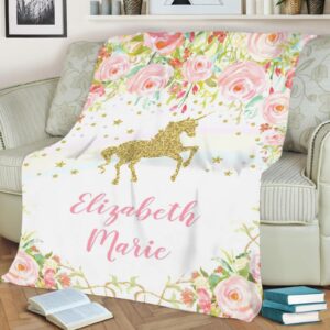 Personalized Unicorn Blanket with Name Custom Baby Blanket for Girls Customized Baby Girl Gifts Soft Plush Fleece Blankets for Shower Nursery Swaddling - Floral Unicorn9 50x60in